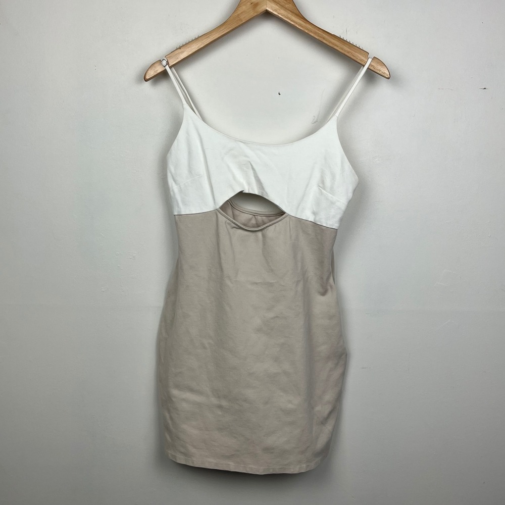 FORE Bodycon Mini Dress L White Tan Cutout Y2K Streetwear Pary Europecore